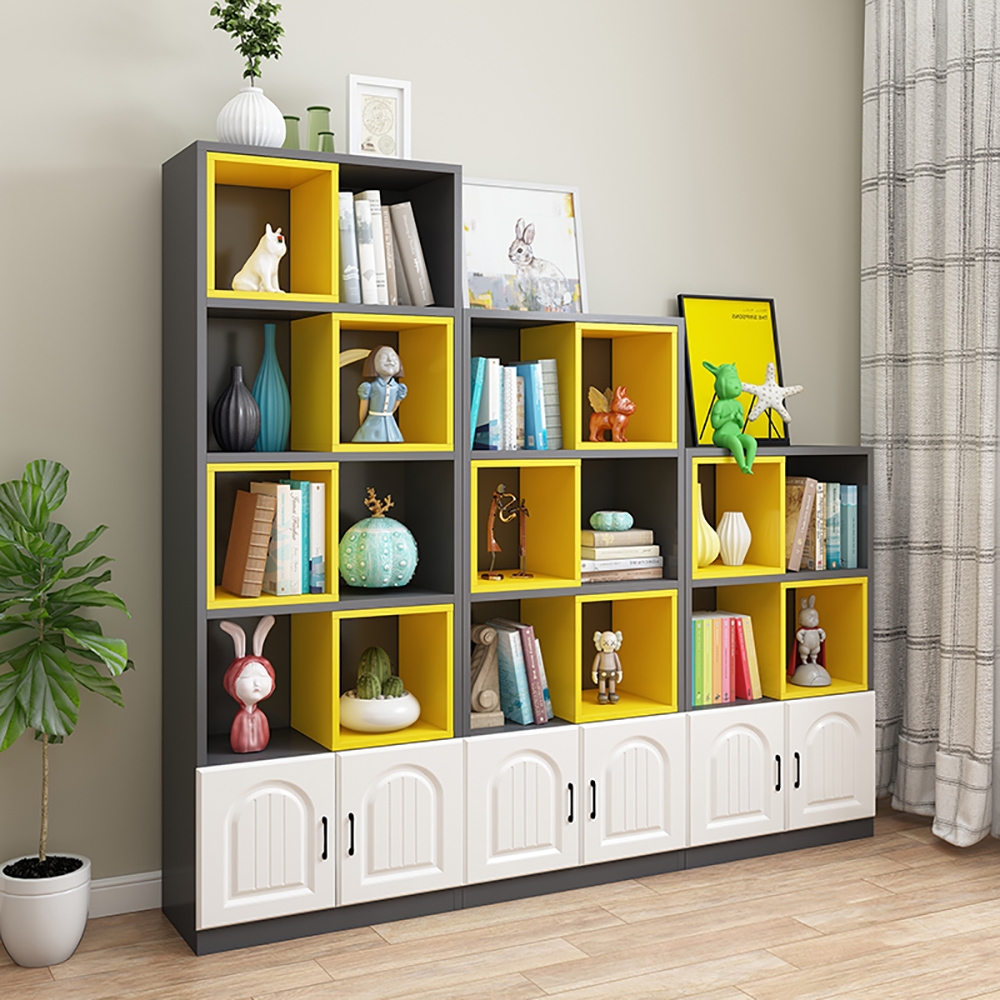 53.5" Gray & Yellow Geometric Bookshelf with Door window image