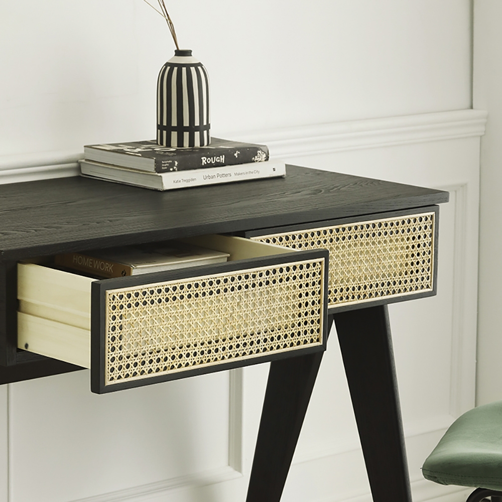 Modern Home Office Desk in Black with Drawers in Pine Wood with Rattan window image