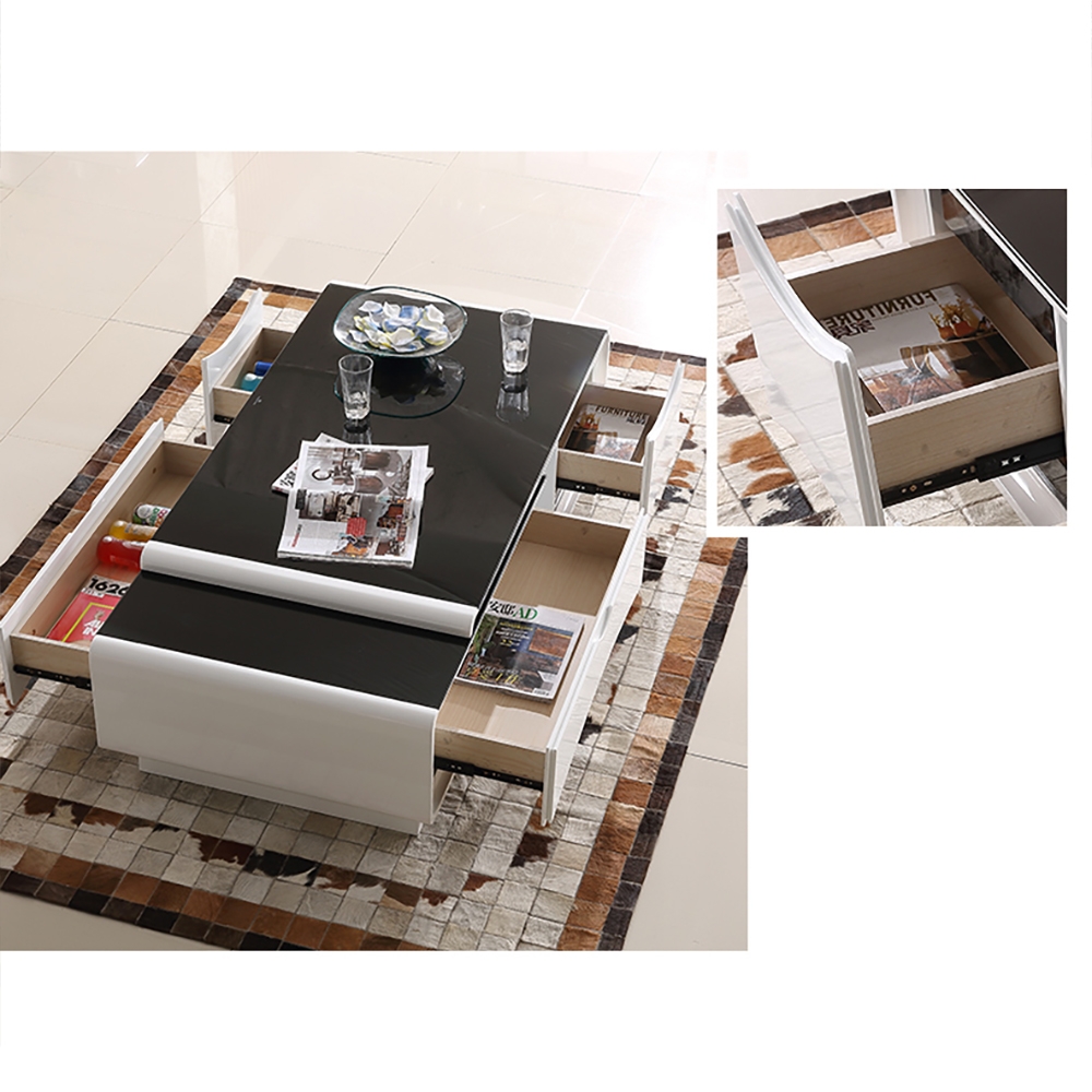 Modern Extendable Tempered Glass Coffee Table with Storage in Black & White window image