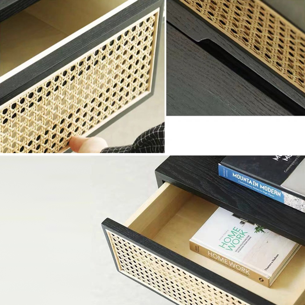 Modern Home Office Desk in Black with Drawers in Pine Wood with Rattan window image