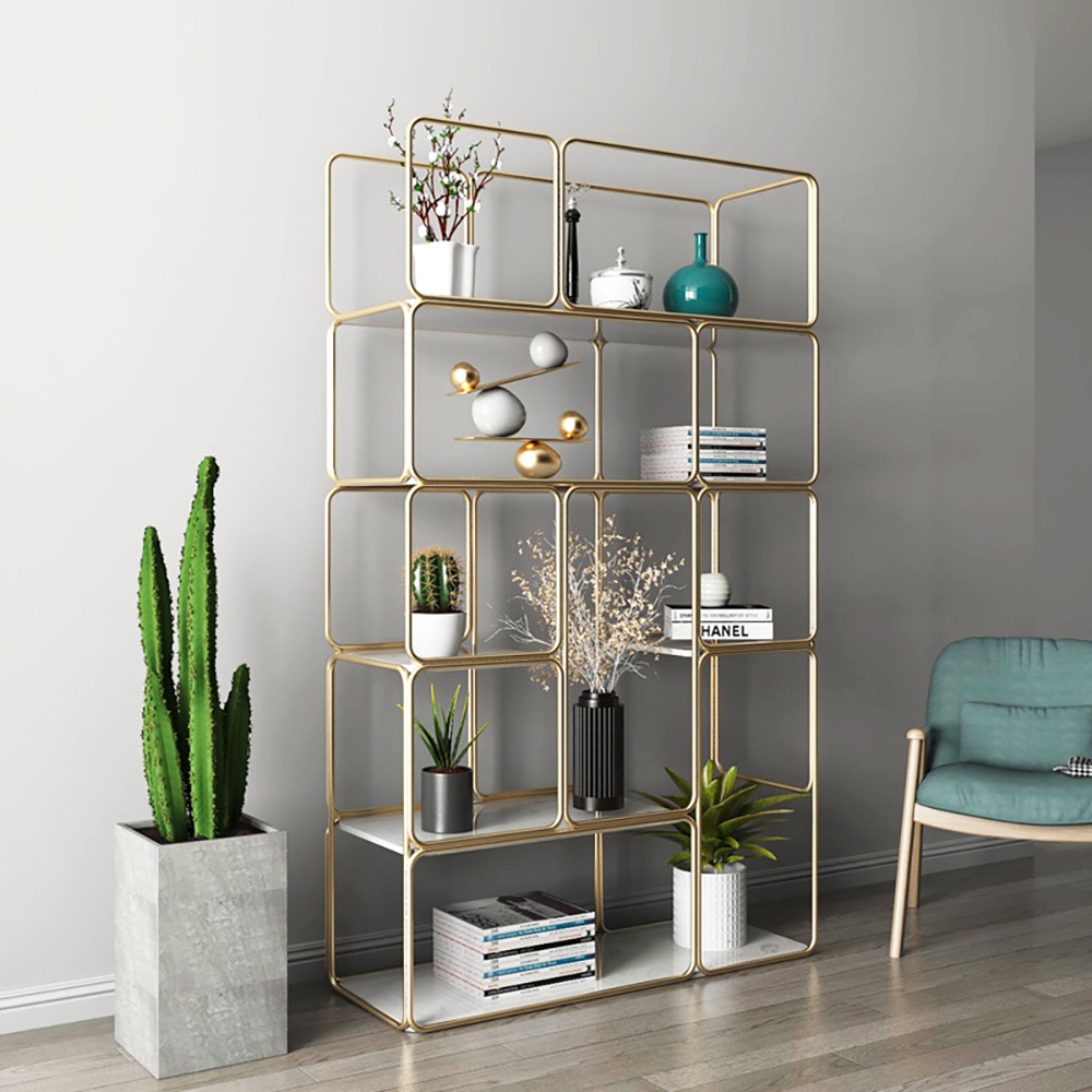 Modern 5-Tiered Etagere Bookshelf in Gold & White window image