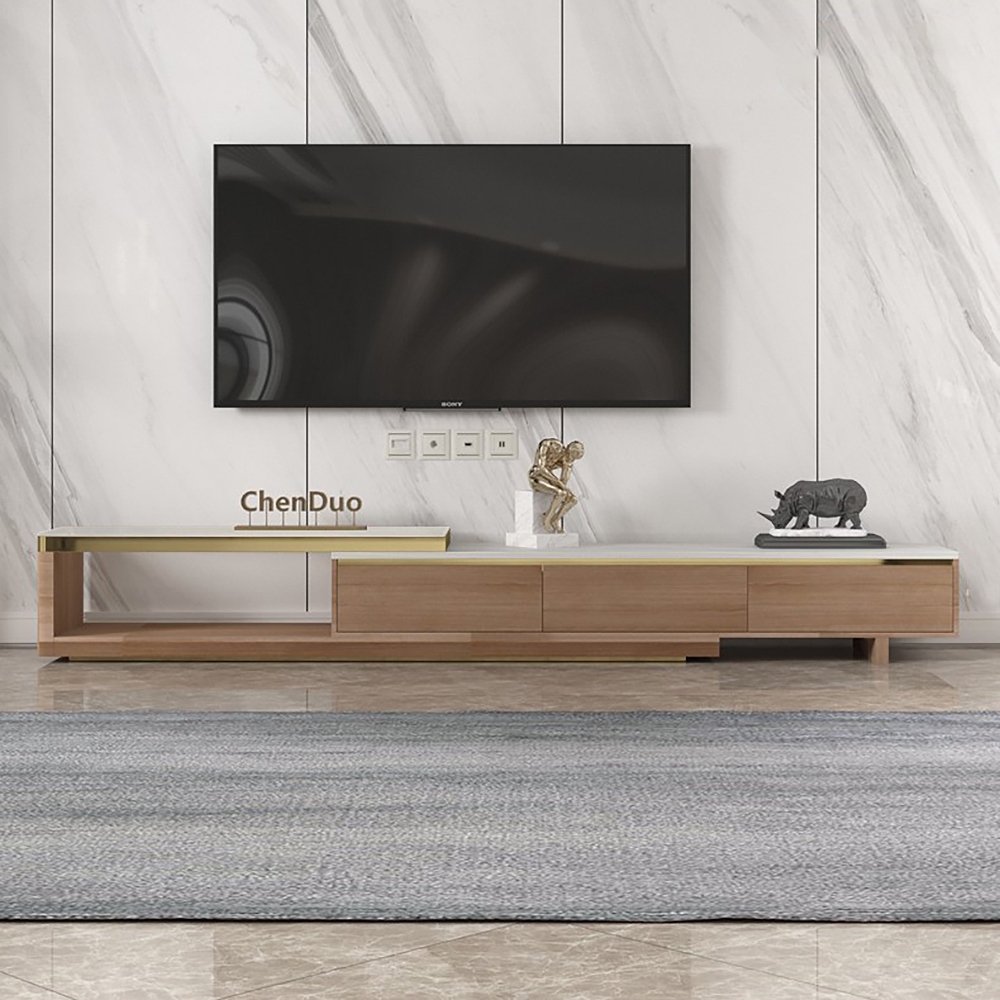 Nordic Walnut TV Stand Extendable Sintered Stone Top Entertainment Cabinet with Drawers window image