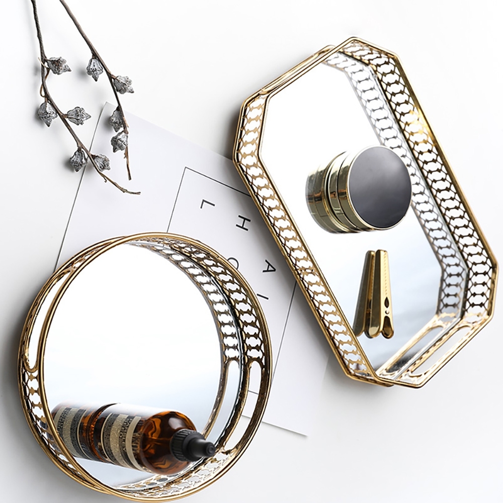 Gold Round Glass Mirror Serving Vanity Tray window image