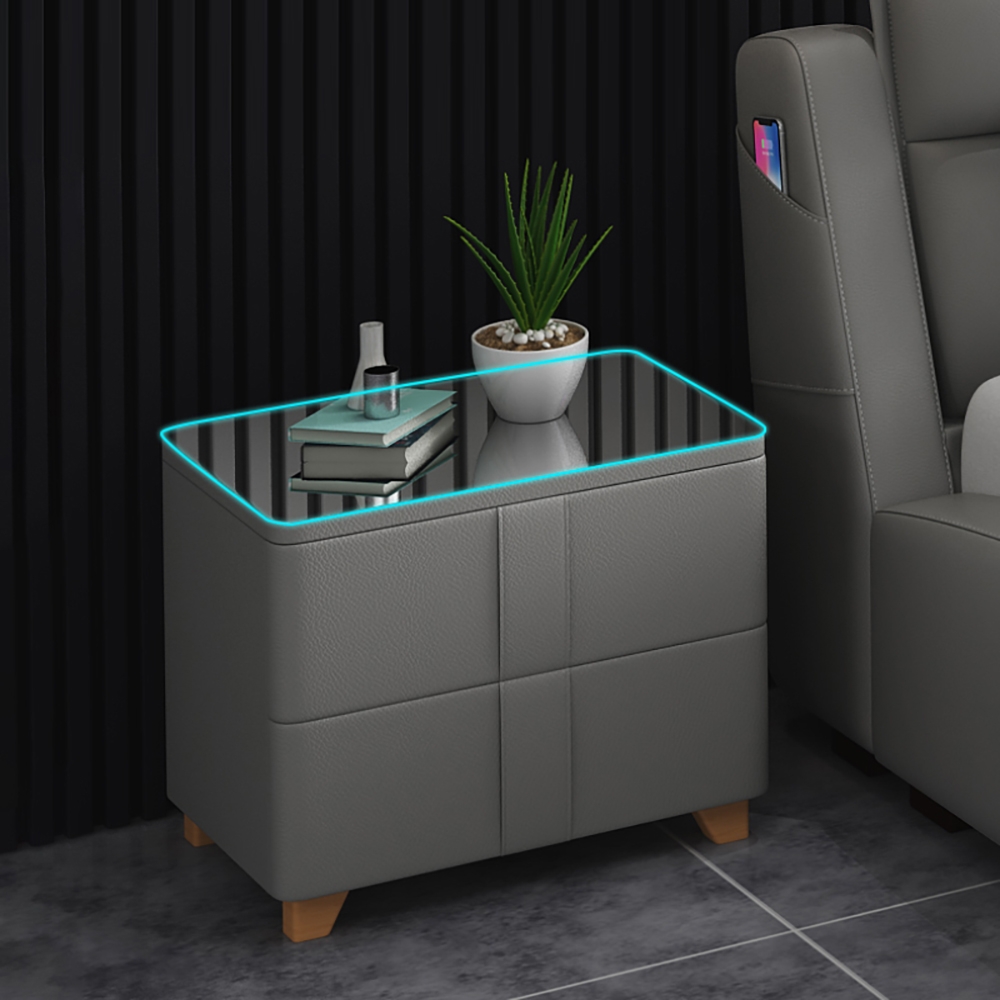 Table de chevet grise avec dessus en verre trempé, tapisserie d'ameublement en cuir PU, 2 tiroirs image de fenêtre