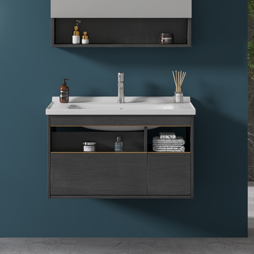 31" Bathroom Vanity Ceramic Floating Bathroom Cabinet with 2 Drawers 1 Door in Small window image