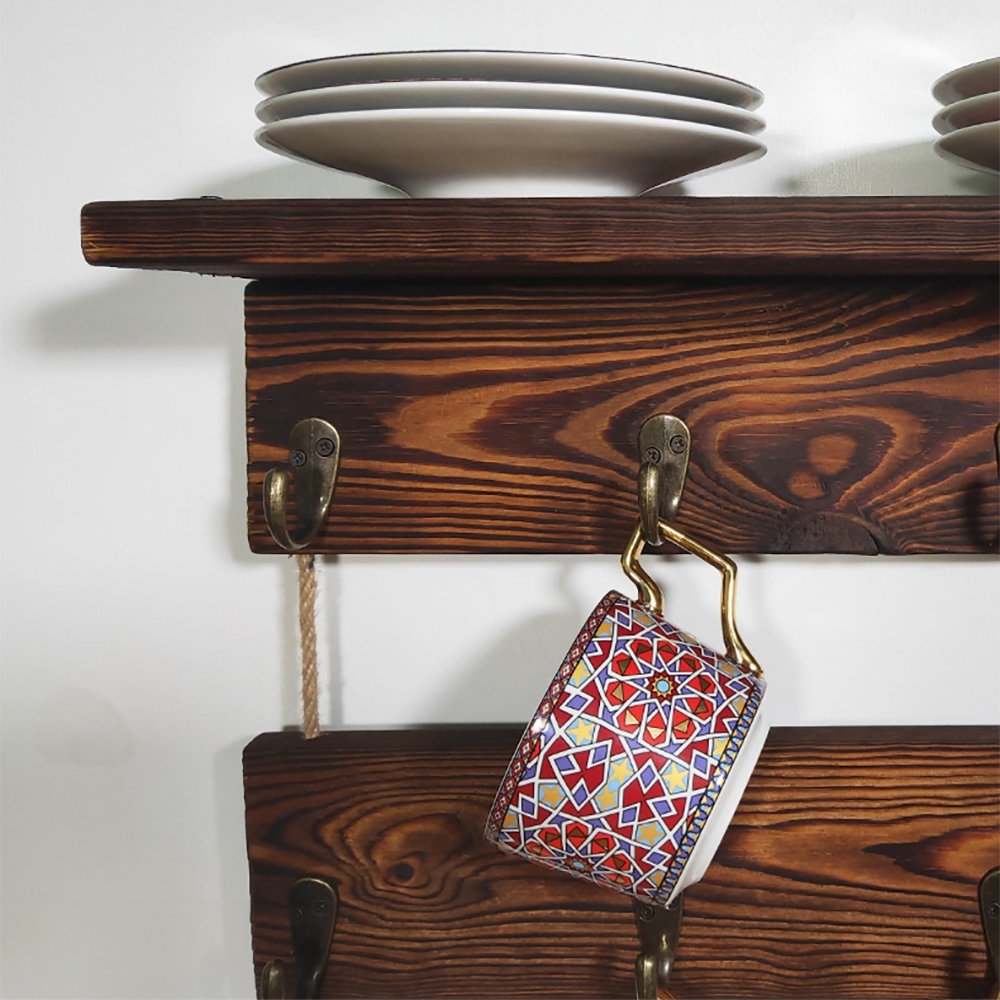Rustic Retro Floating Shelves Wall Dish Storage Shelf with Hooks window image