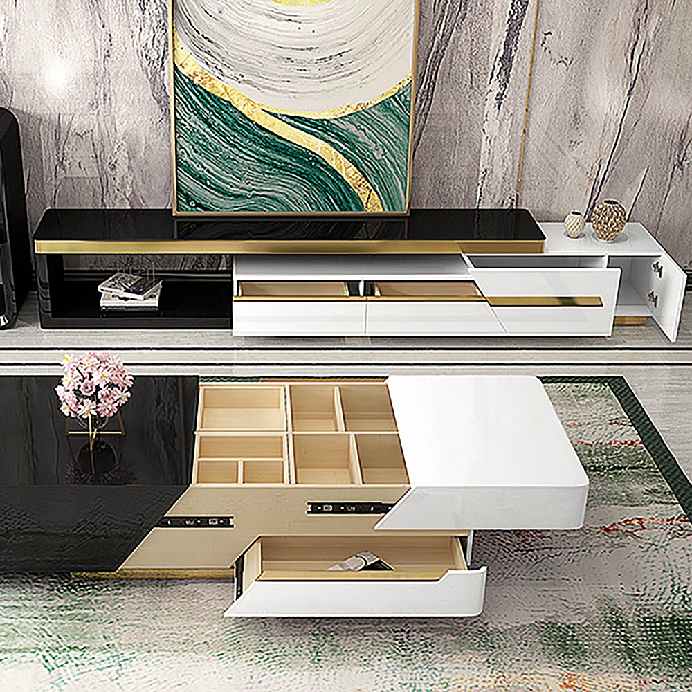 Black & White TV Stand Extendable Tempered Glass Top Media Console with Storage window image