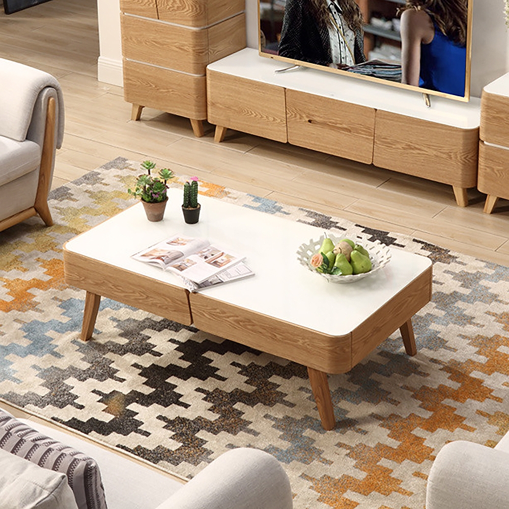 Rustic Wood Coffee Table with Storage Tempered Glass Top & Ash Wood Legs window image