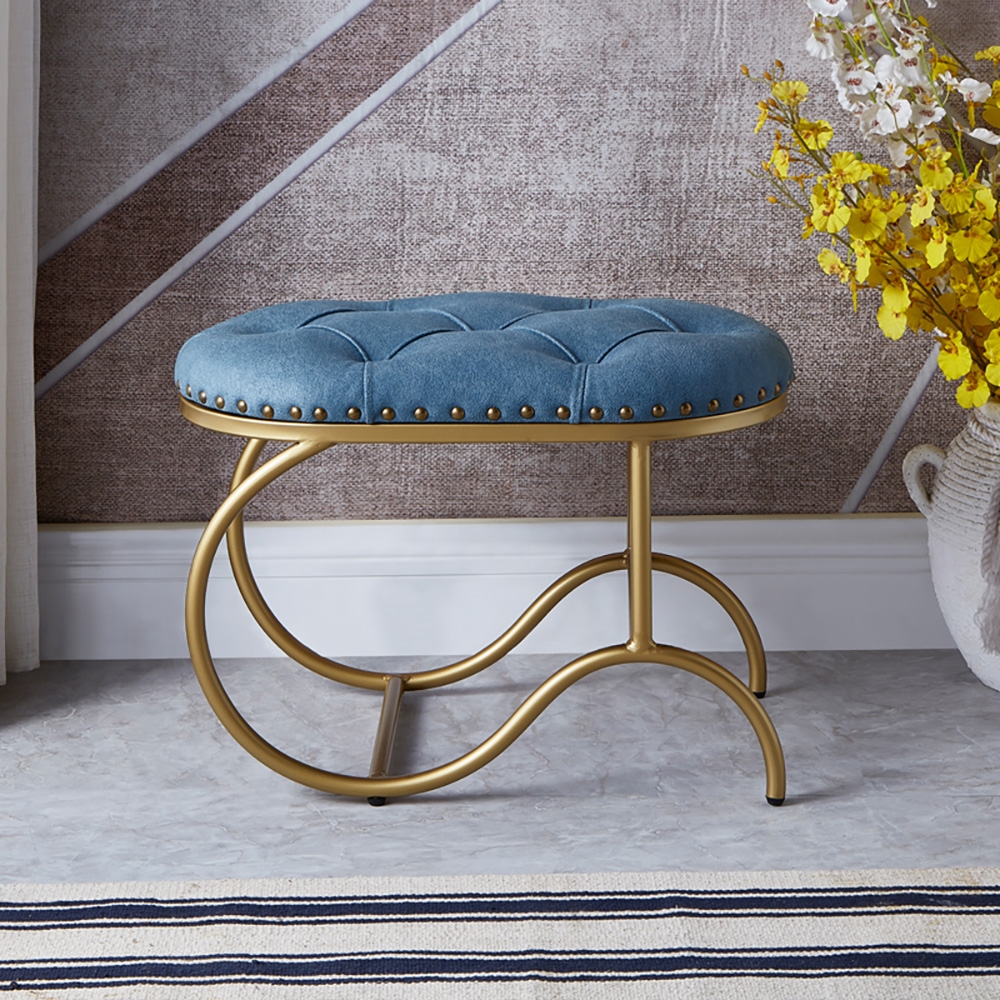 Blue Round Ottoman Tufted Upholstered Leath-aire Ottoman Stool Gold Base window image