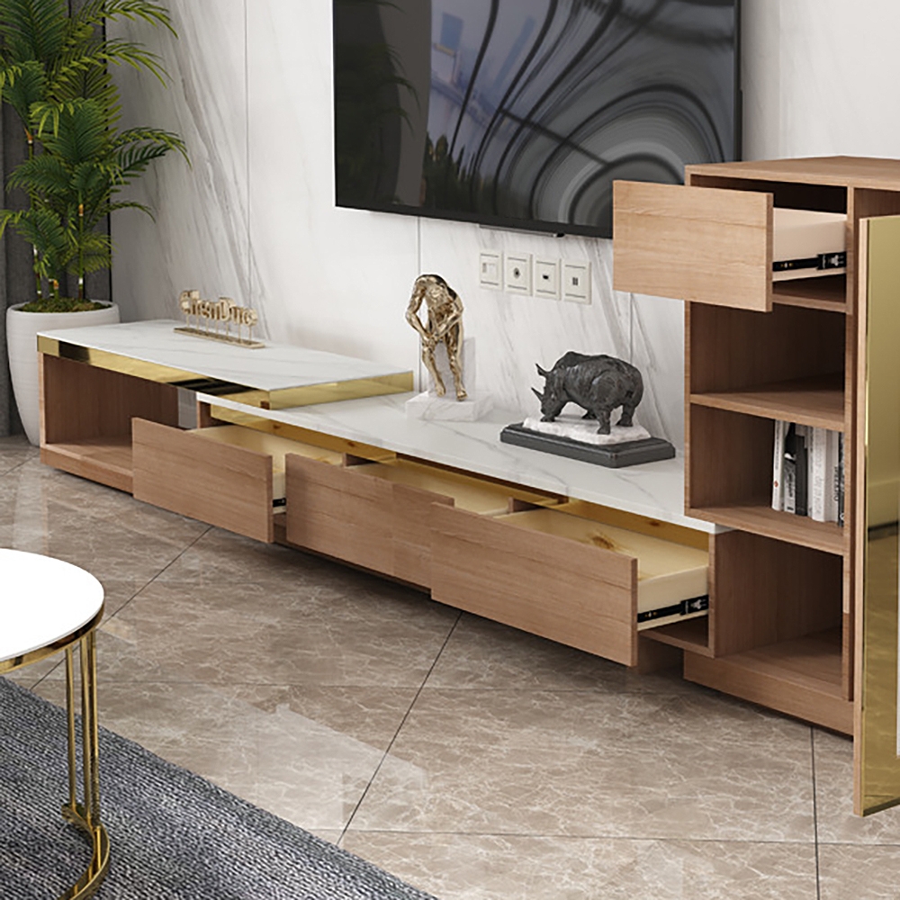Nordic Walnut TV Stand Extendable Sintered Stone Top Entertainment Cabinet with Drawers window image