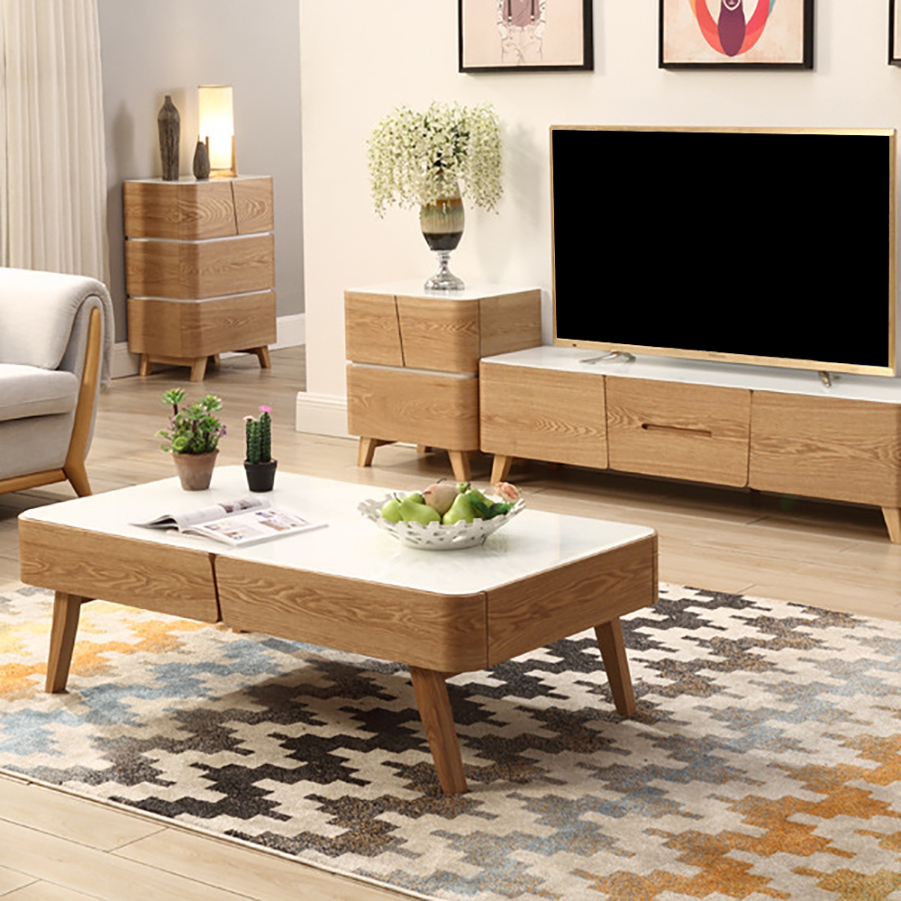 Rustic Wood Coffee Table with Storage Tempered Glass Top & Ash Wood Legs window image