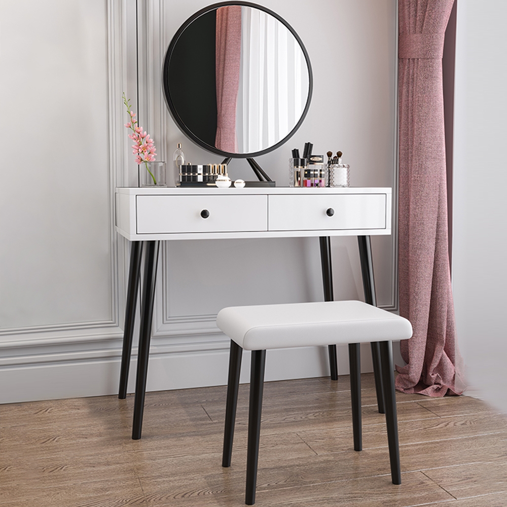 Nordic Black Makeup Vanity Set with 2 Drawers Stool & Mirror Included window image