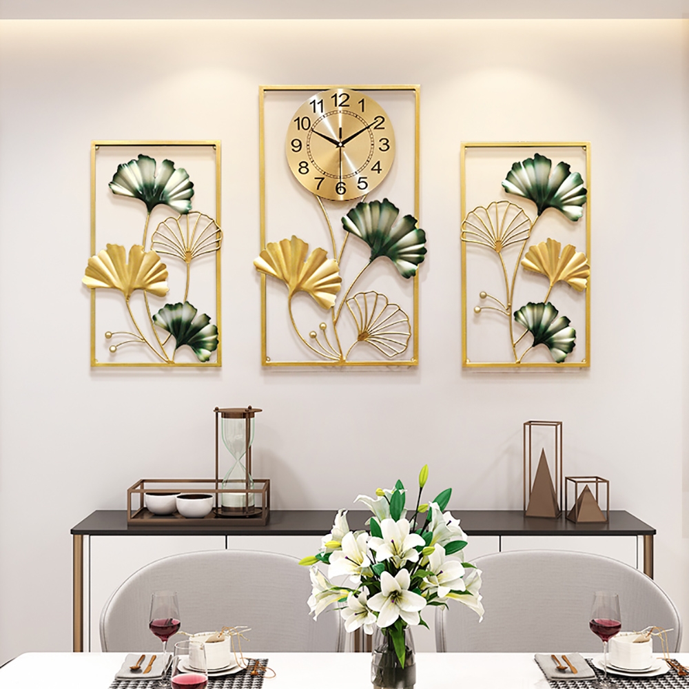 3-delige Ginkgo Leaves oversized metalen wandklok met geometrische rechthoekige frames Vensterafbeelding
