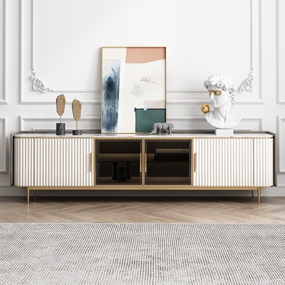 79" White TV Stand Sintered Stone Top Tempered Glass Doors Media Console with Shelves window image