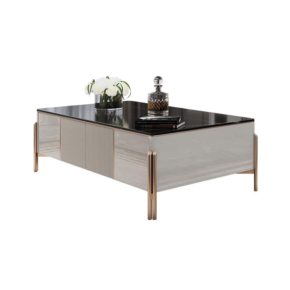 Modern Large Coffee Table with Storage Marble Top & Stainless Steel Legs window image