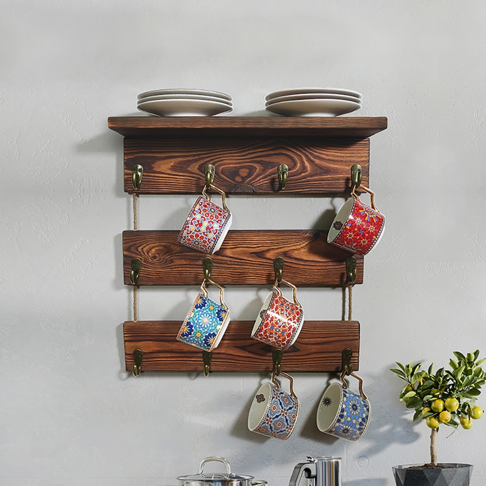 Rustic Retro Floating Shelves Wall Dish Storage Shelf with Hooks window image