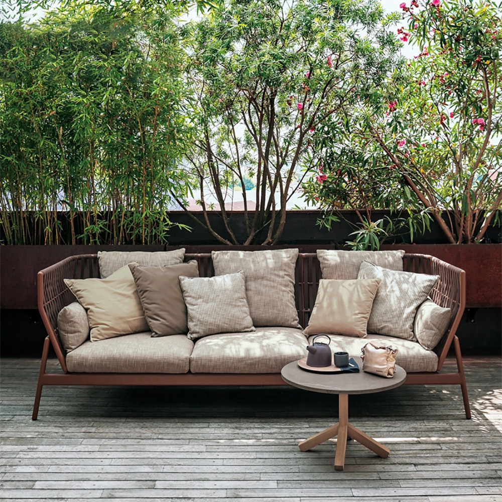 3-Seater Outdoor Sofa Bench with Rattan Rope Woven Back Aluminum Frame window image