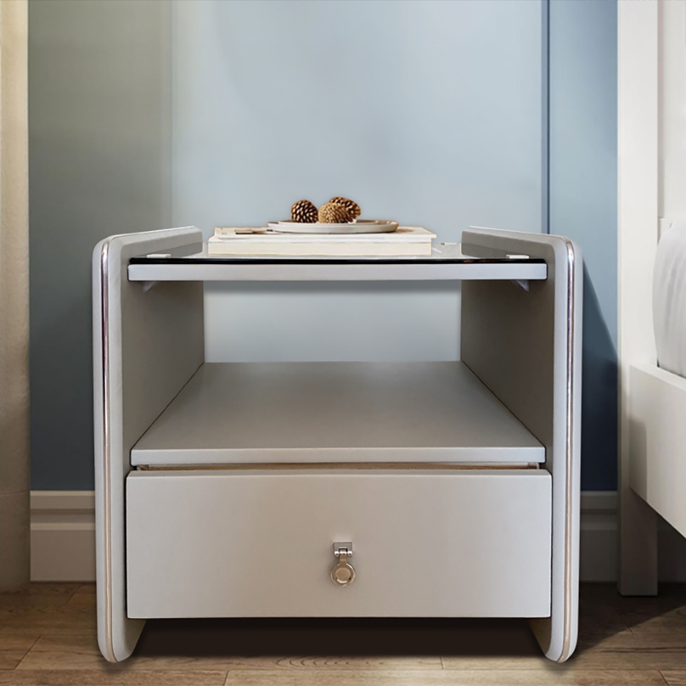 White Nightstand Tempered Glass Top Microfiber Leather Upholstery 1-Drawer Bedside Table window image