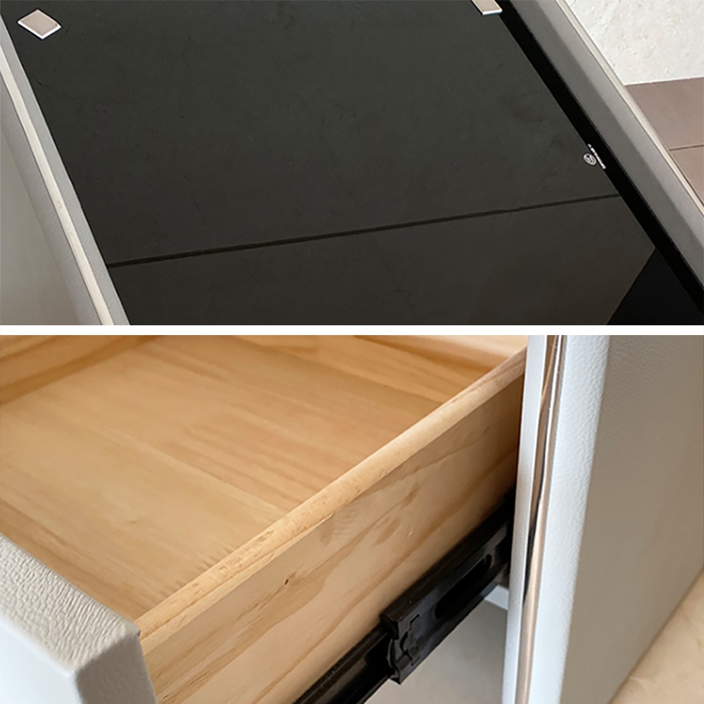 White Nightstand Tempered Glass Top Microfiber Leather Upholstery 1-Drawer Bedside Table window image