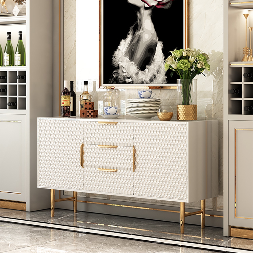 1500mm White Sideboard Tempered Glass Top Honeycomb Surface Buffet with Storage in Large window image