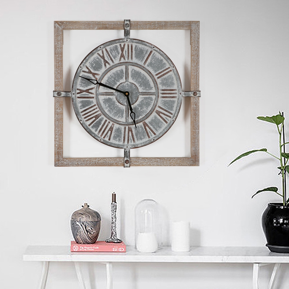 20.1" Scandinavische retro pastorale stijl grote ronde wandklok met houten vierkant frame Vensterafbeelding