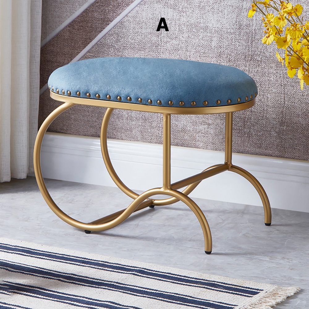 Blue Round Ottoman Tufted Upholstered Leath-aire Ottoman Stool Gold Base window image