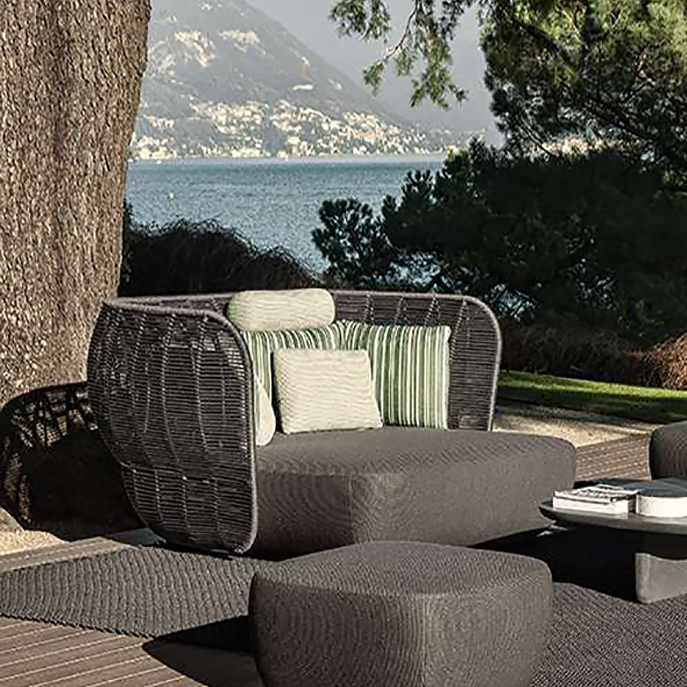 Tropical Style Dark Gray Outdoor Daybed Rattan Patio Sofa with Polyester Cushion Pillow window image