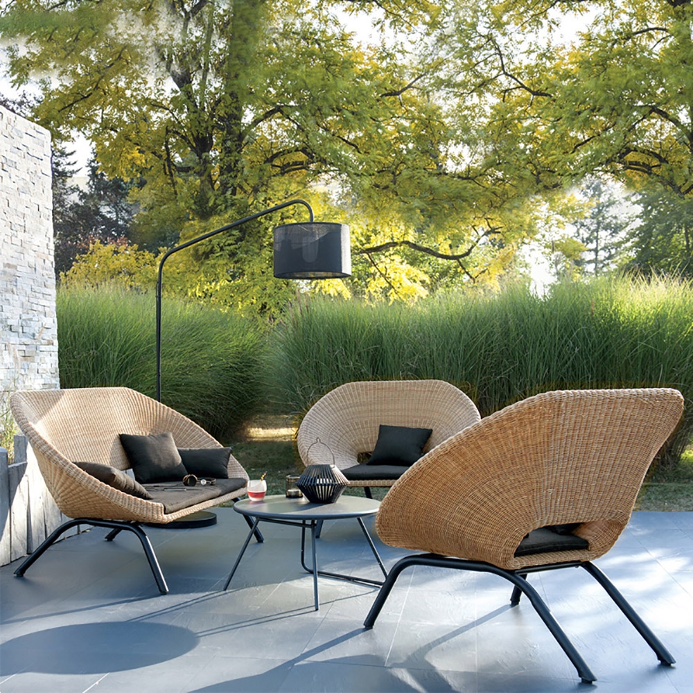 Rattan Patio Barrel Chair with Black Cushion Pillow window image