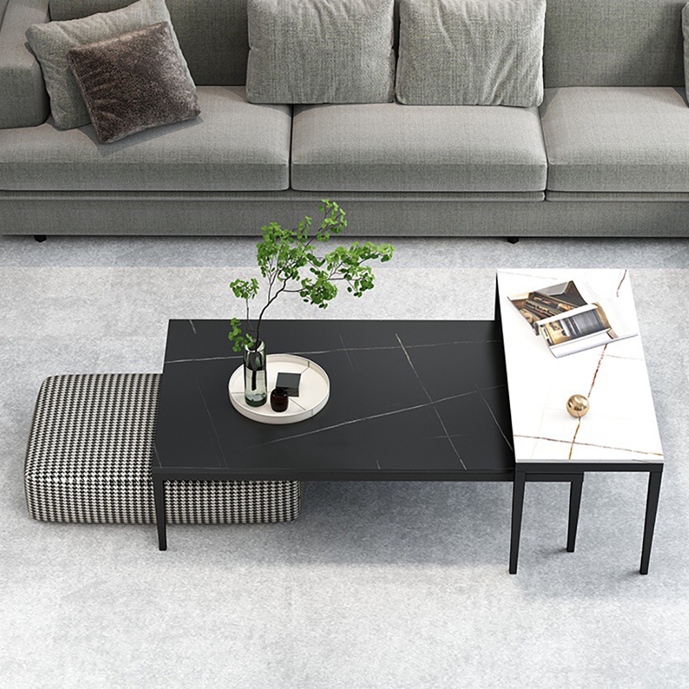 Modern Coffee Table Set with Ottoman & Sintered Stone Top & Metal Legs in 3 Pieces window image