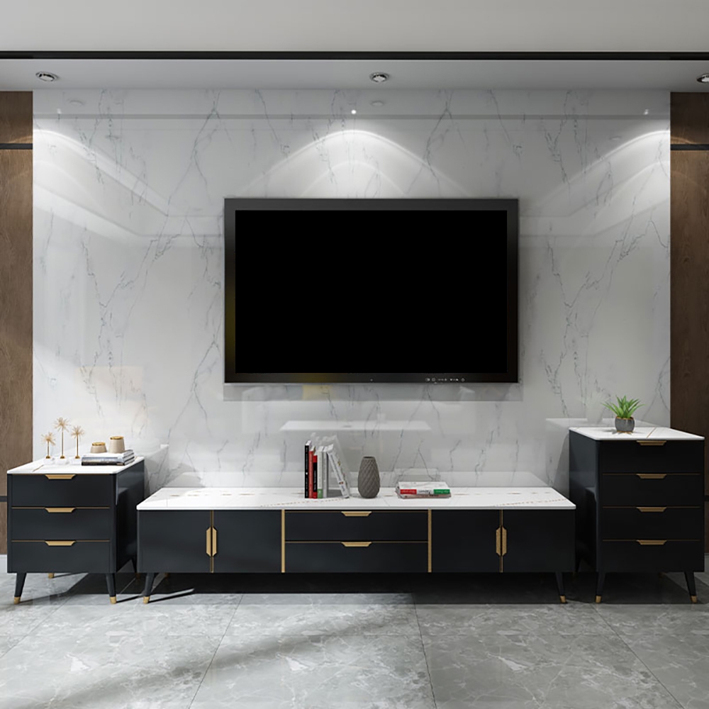 Italian Minimalist 87" TV Stand Sintered Stone Top Black 2-Drawer 4-Door Media Console window image