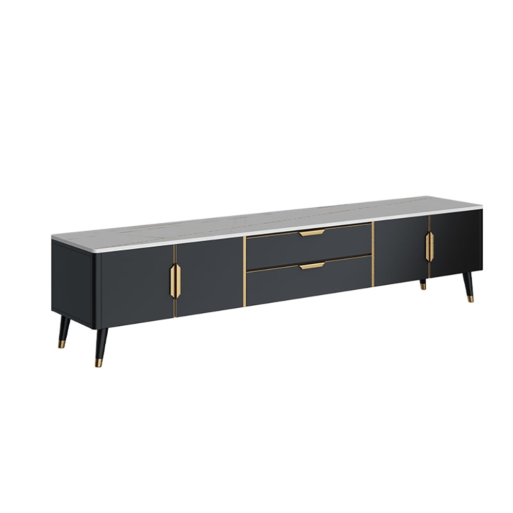 Italian Minimalist 87" TV Stand Sintered Stone Top Black 2-Drawer 4-Door Media Console window image