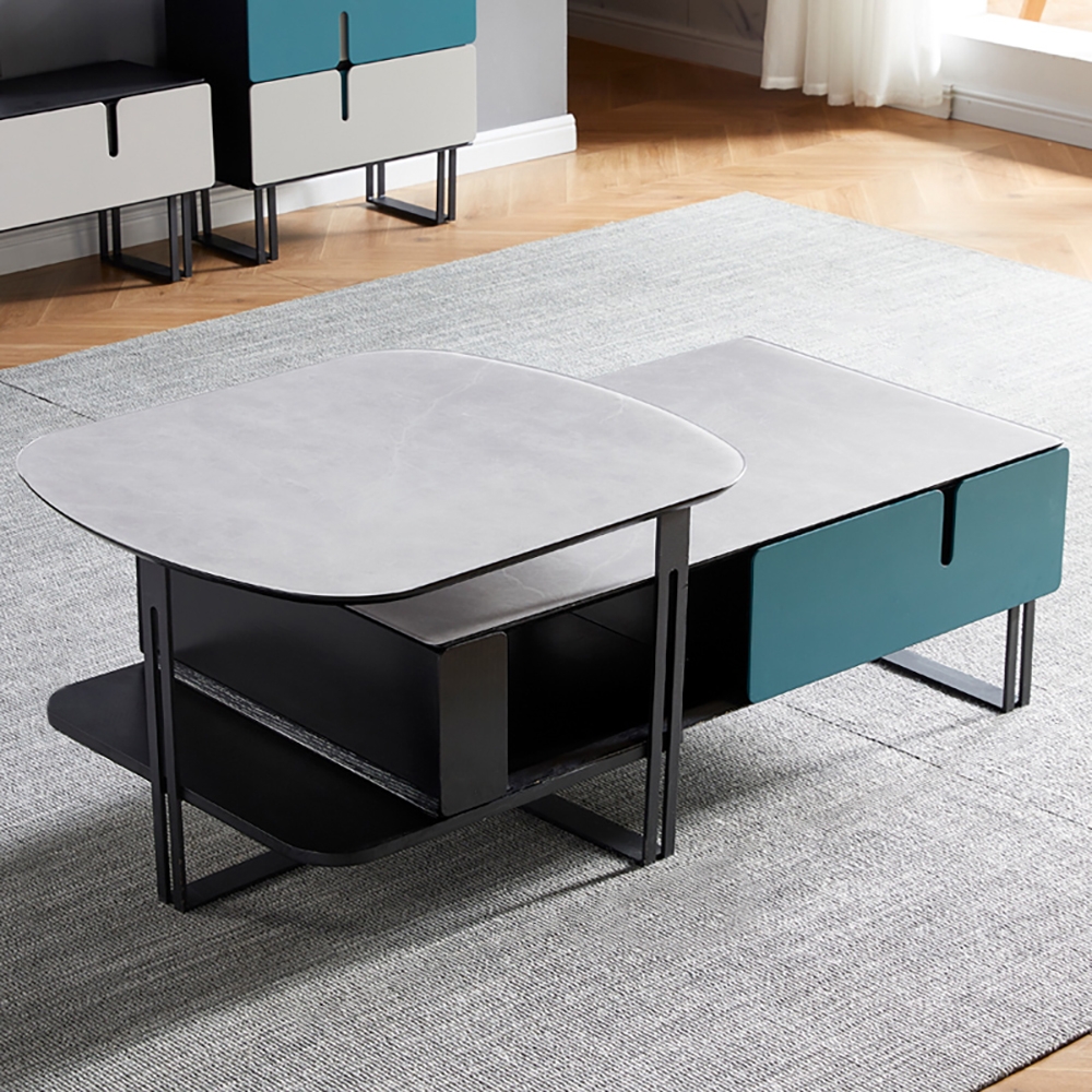 Nesting Coffee Table with Tempered Glass & Pine Wood Frame Accent Extendable Table window image