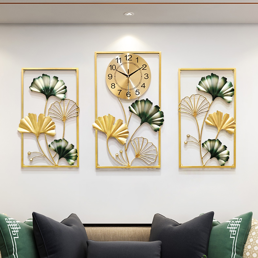 3-delige Ginkgo Leaves oversized metalen wandklok met geometrische rechthoekige frames Vensterafbeelding