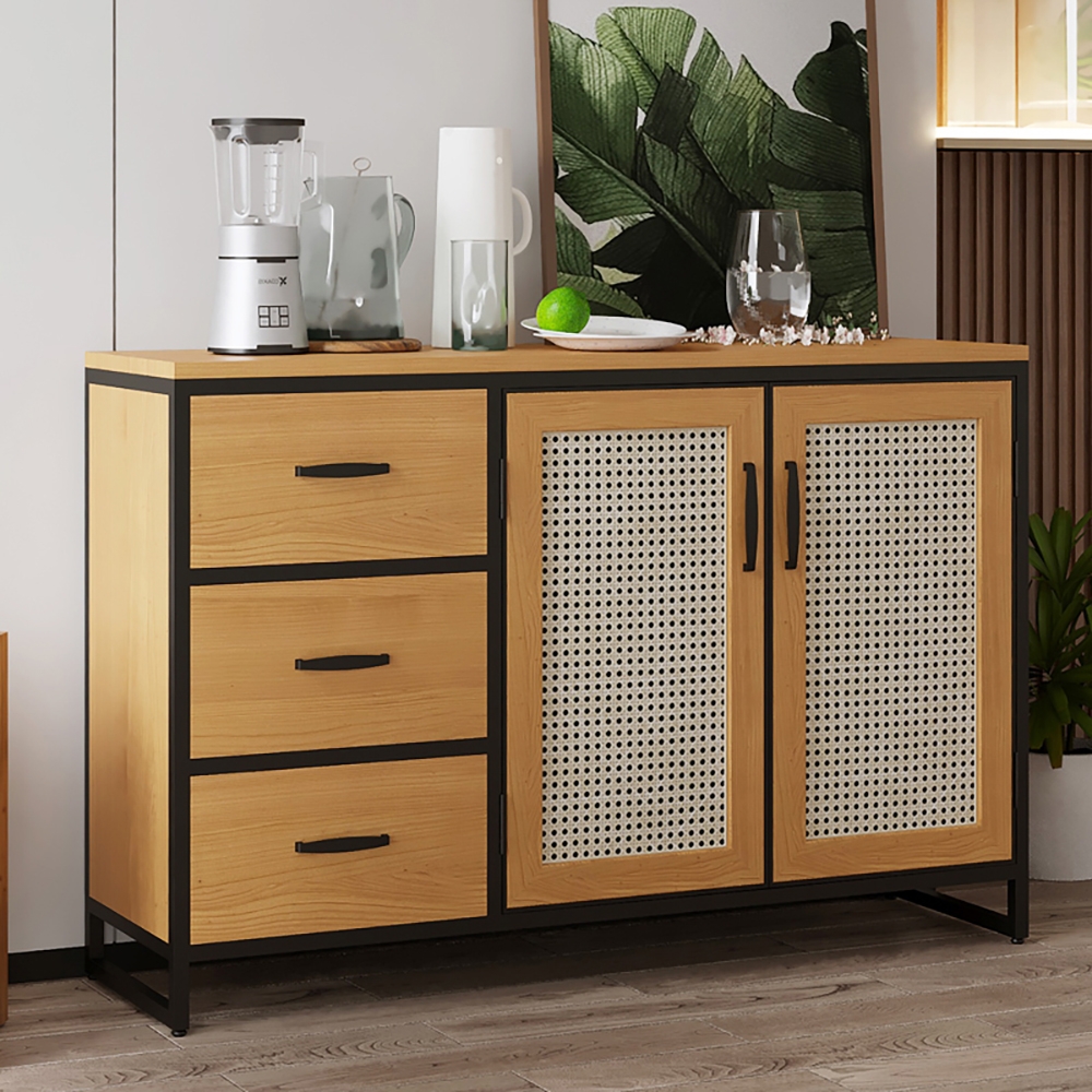 63" Natural Sideboard Nordic Rattan Woven Buffet with Drawers & Doors & Shelves window image