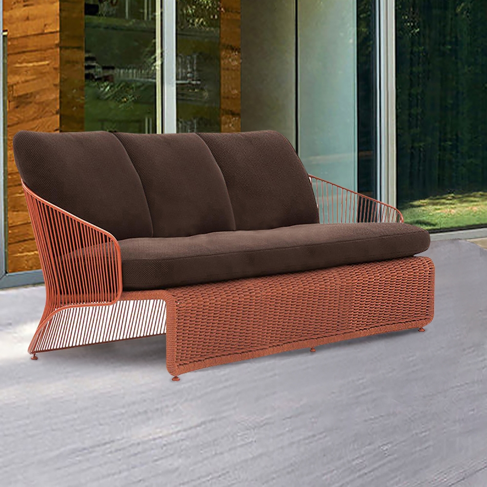 Brick Red 3-Seater Rattan Outdoor Sofa with Cushion Pillow window image