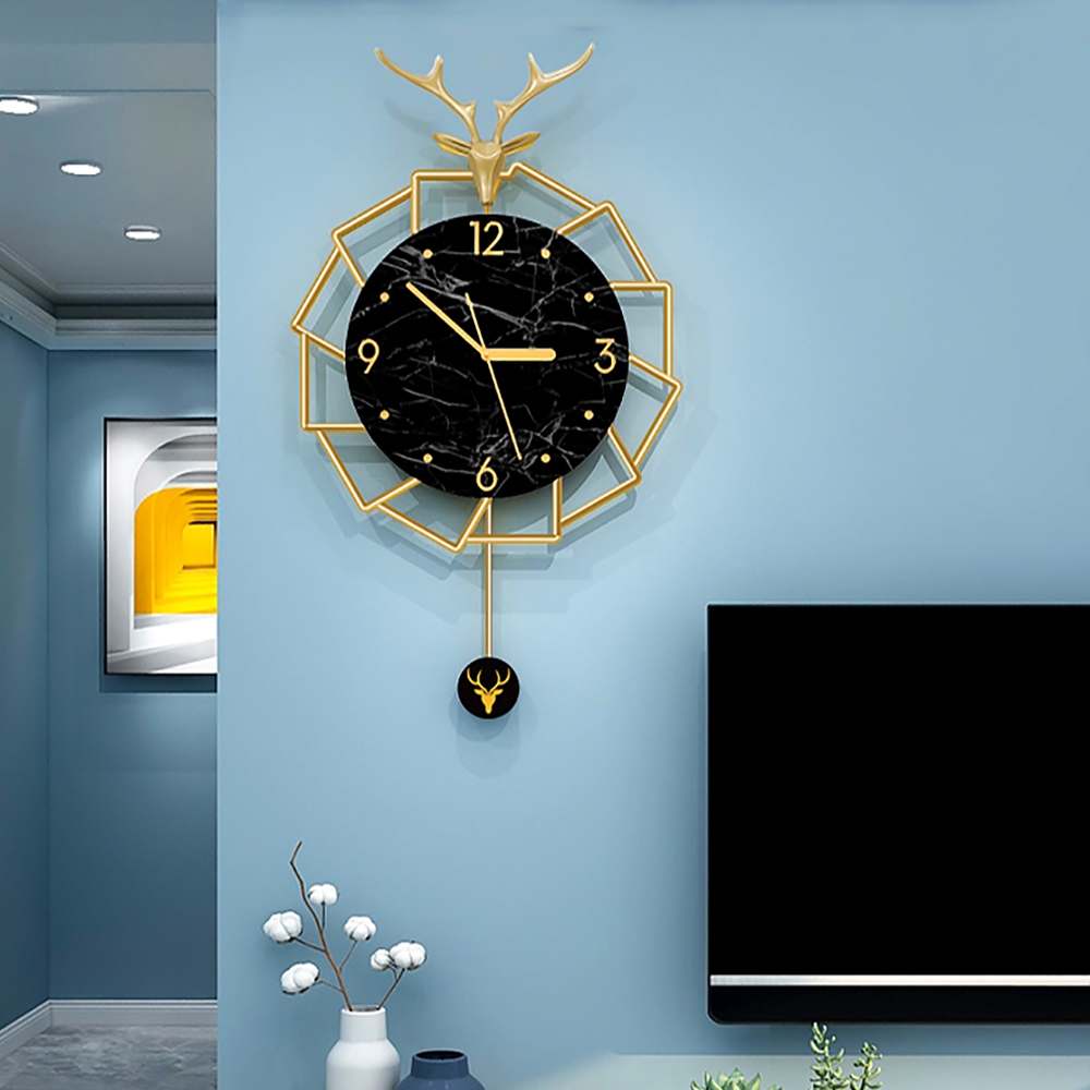 3D Brass Deer Head Wall Clock with Pendulum Metal Geometric Frame window image