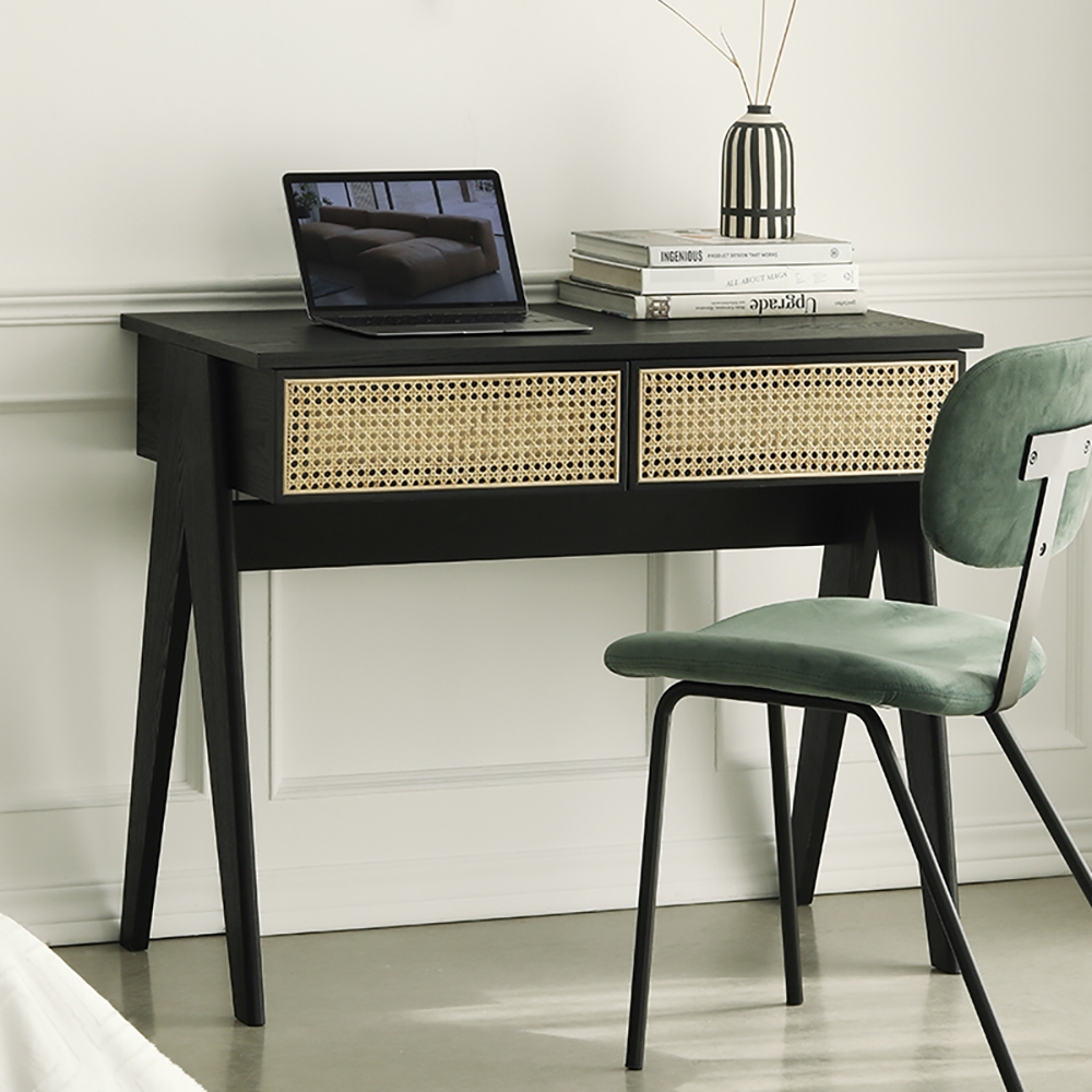 Modern Home Office Desk in Black with Drawers in Pine Wood with Rattan window image