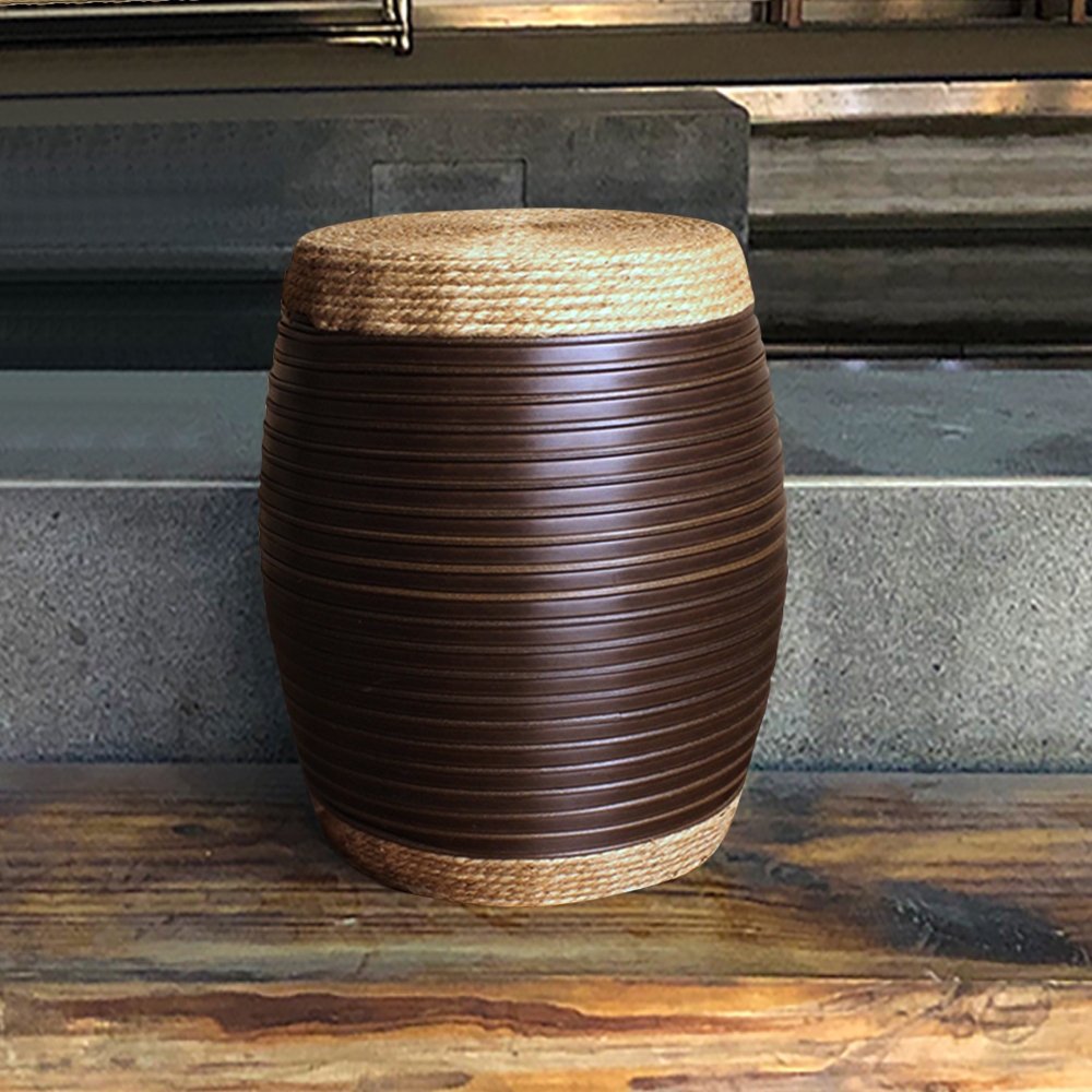 360mm Garden Stool Hemp&Brown Rattan Counter Stool Chinese Drum Shape window image