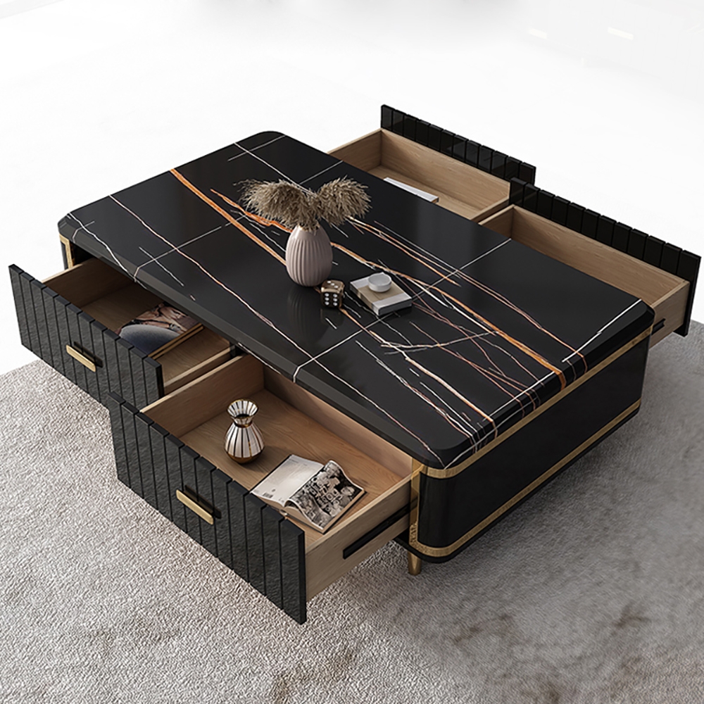 Modern Marble Coffee Table with Drawers in Black window image