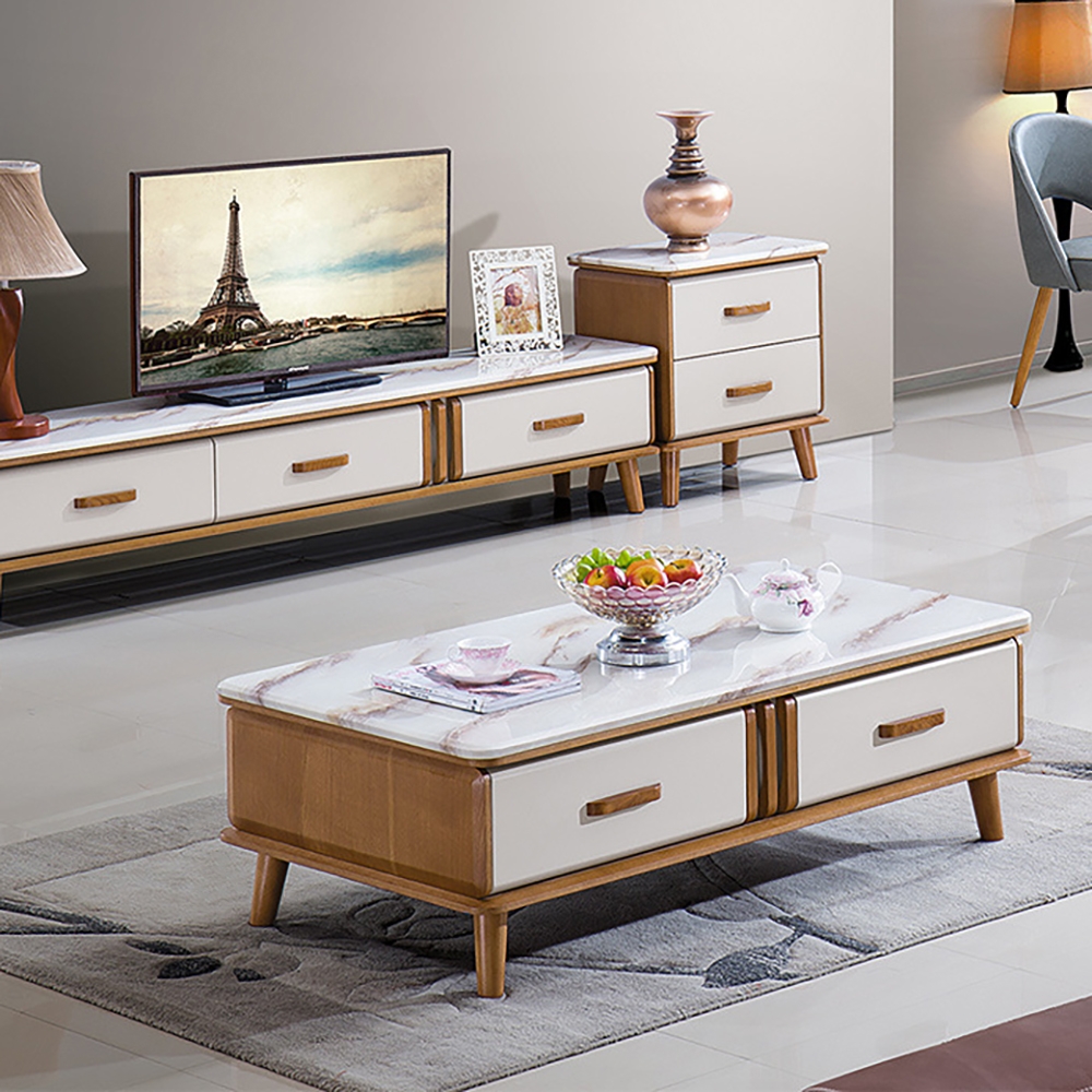 Modern Wood Coffee Table with Storage with Marble Top & Wood window image