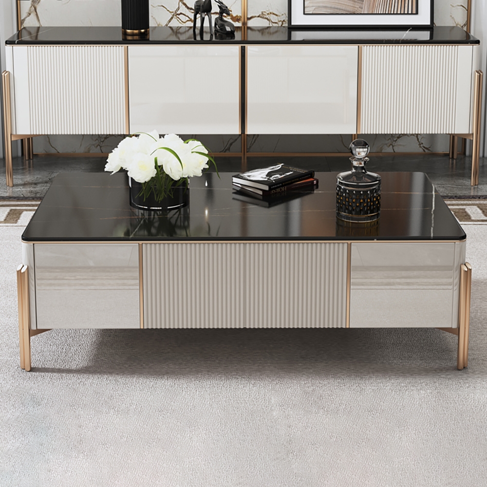 Modern Large Coffee Table with Storage Marble Top & Stainless Steel Legs window image