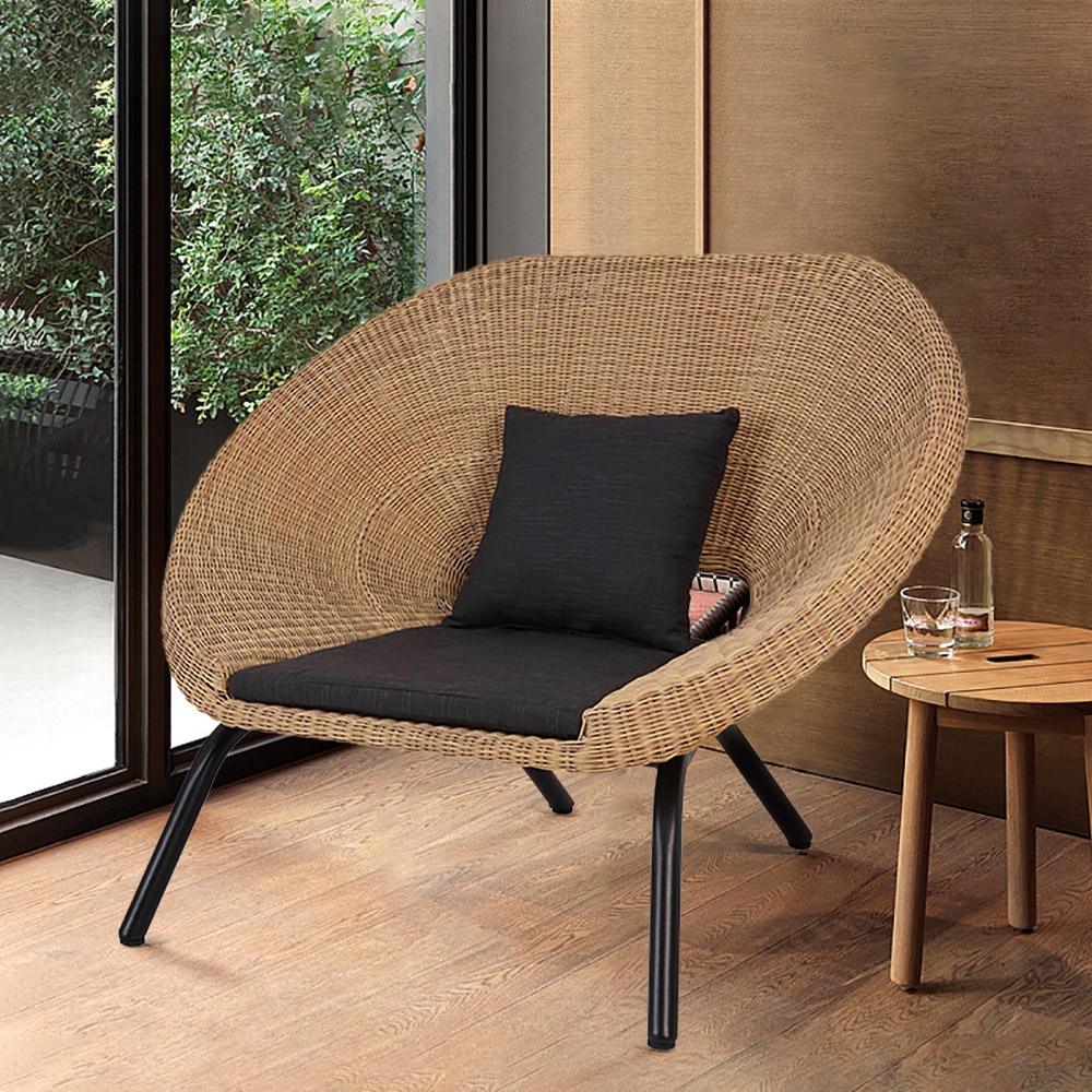 Rattan Patio Barrel Chair with Black Cushion Pillow window image