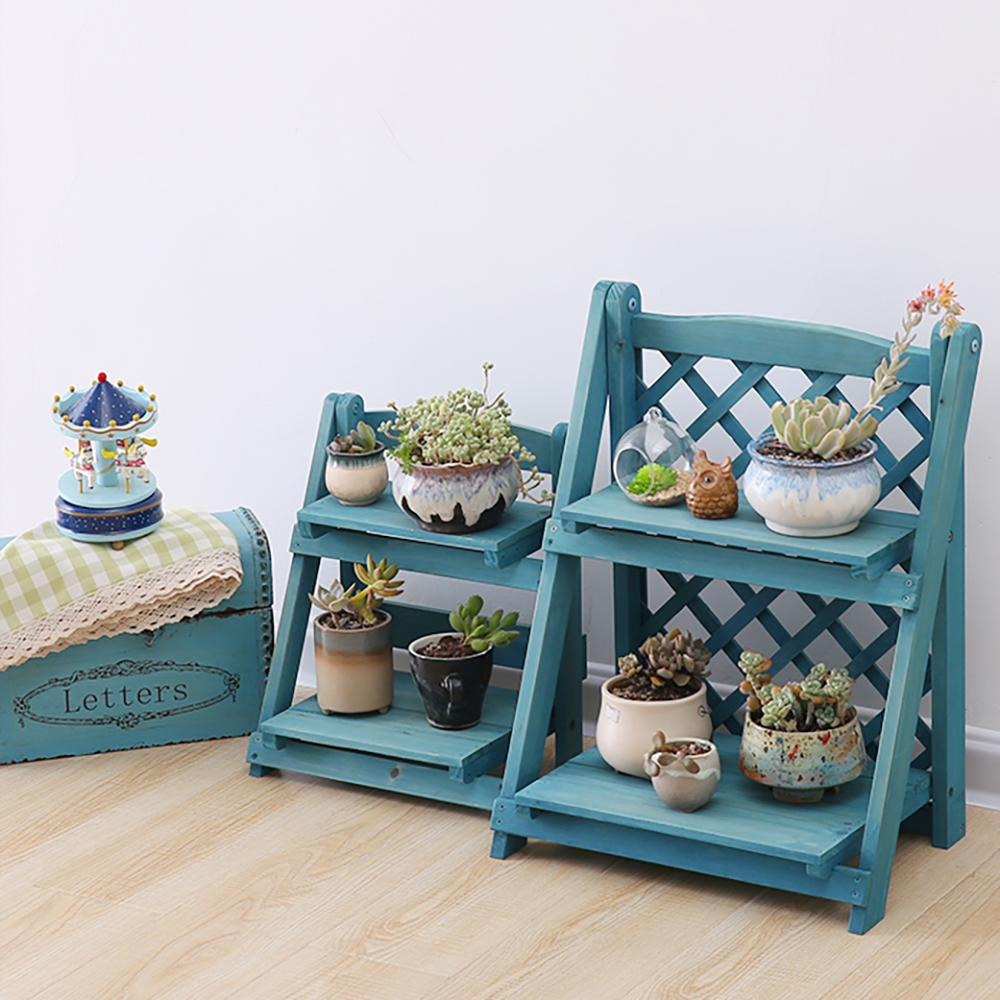 Vintage Wood Plant Stand Folding Shelves Set of 2 window image