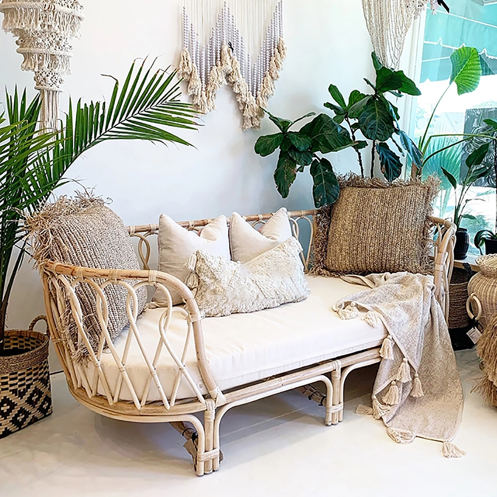 Natural Sofa Cotton & Linen Upholstered Sofa Rattan Frame in Large window image