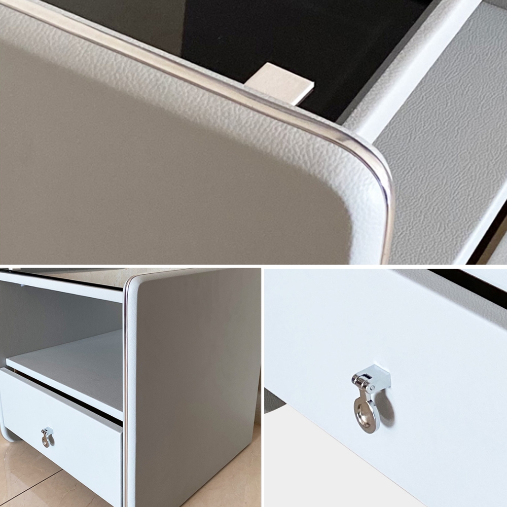 White Nightstand Tempered Glass Top Microfiber Leather Upholstery 1-Drawer Bedside Table window image