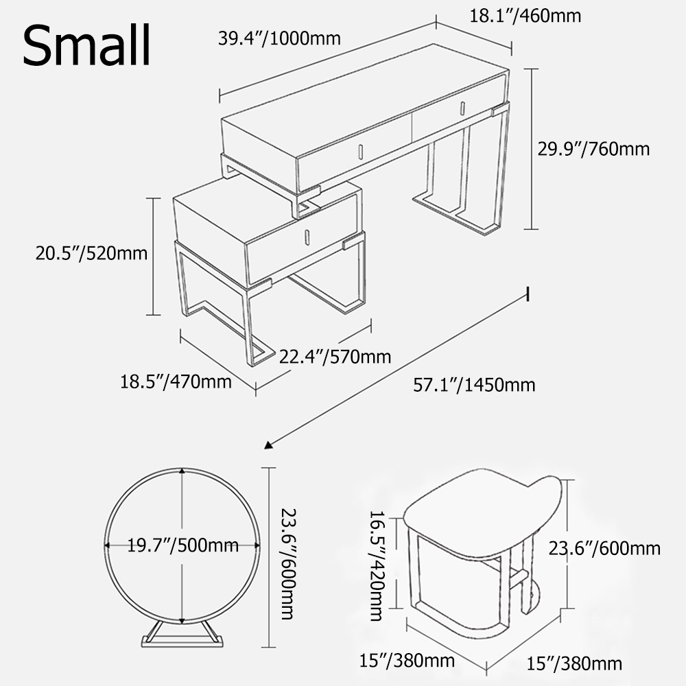 White Makeup Vanity Set Retracted & Extendable Table with Cabinet & Mirror & Stool window image