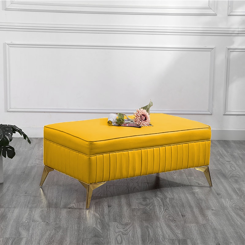Yellow PU Leather Ottoman Upholstered Ottoman Stool in Stainless Steel Legs window image