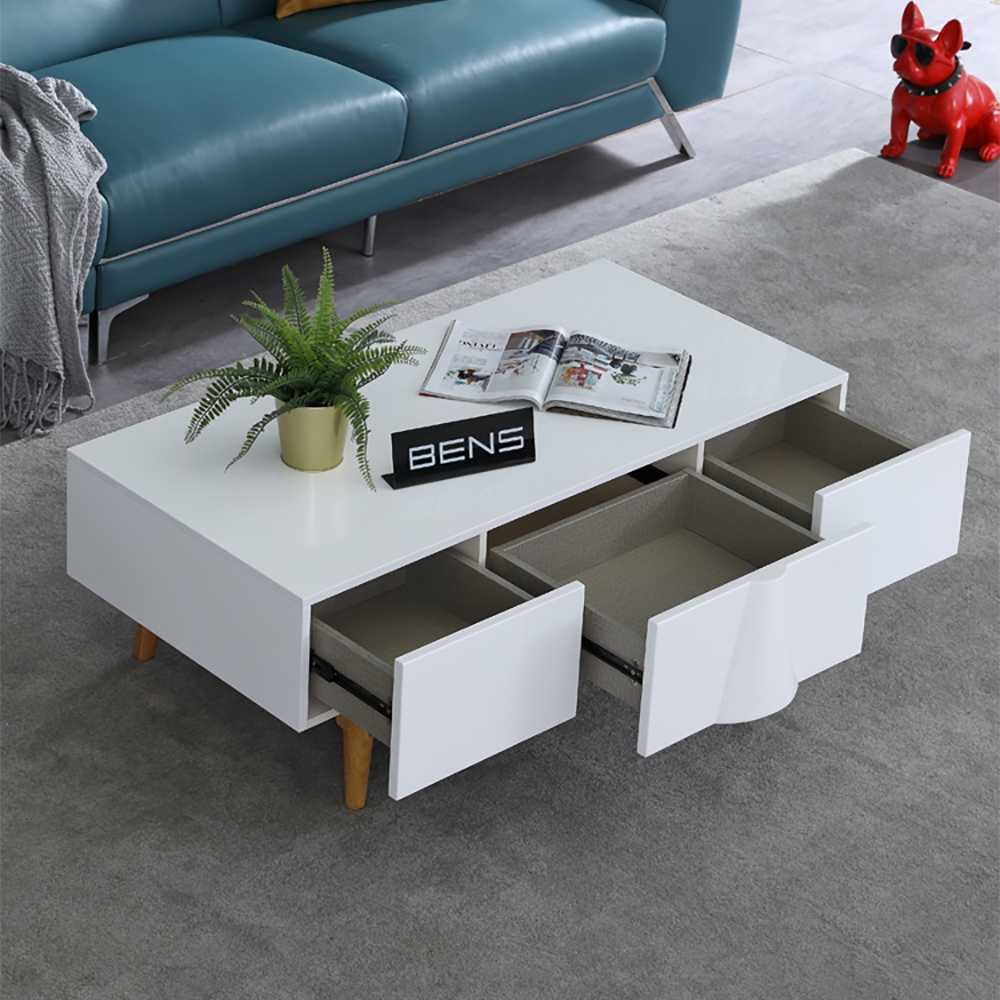 White Coffee Table with Drawers in Rectangle-shaped window image