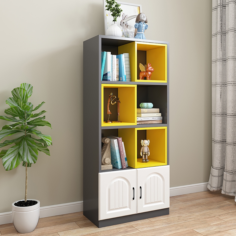 53.5" Gray & Yellow Geometric Bookshelf with Door window image