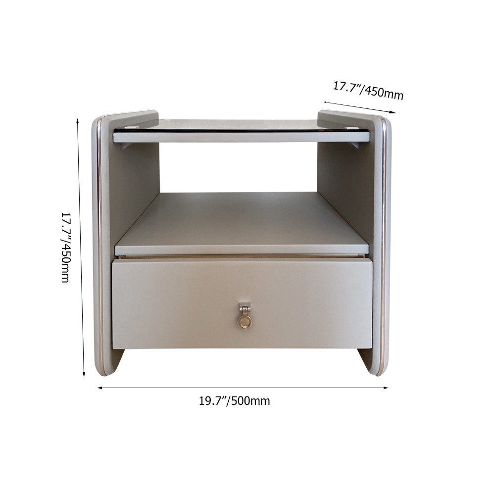 White Nightstand Tempered Glass Top Microfiber Leather Upholstery 1-Drawer Bedside Table window image
